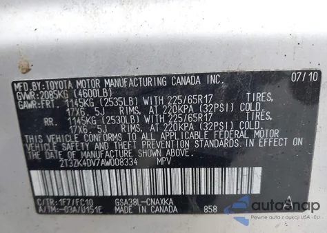 2010 Toyota Rav4 Base V6 z USA, uszkodzony, nr VIN 2T3ZK4DV7AW008334